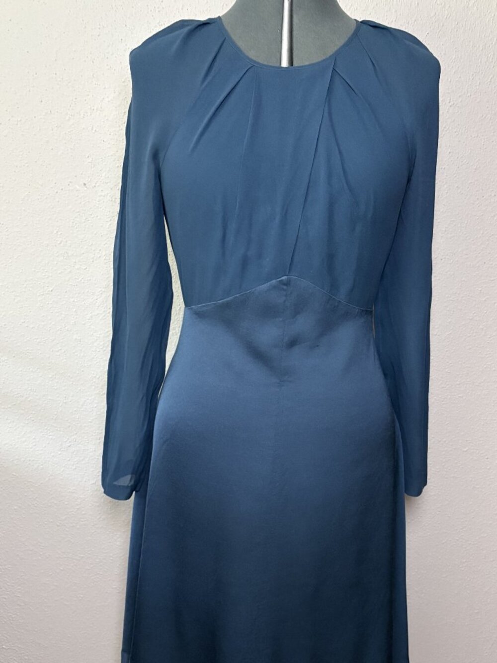 Club Monaco 100% Silk Slate Blue Pleated Bodice Long Sheer Sleeve A Line Dress